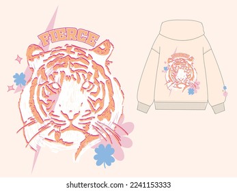 tiger vector, slogan vector, flower, tiger illustration, tiger flower hand drawing, hand drawing style