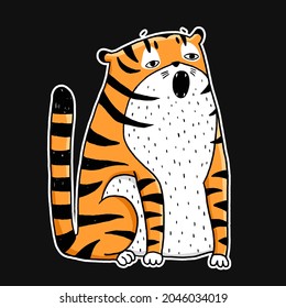 Tiger vector sticker. Hand drawn wild cat illustration for t-shirts design, bags,  posters, prints, cards New year of tiger 2022 funny symbol