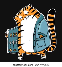 Etiqueta vectorial del tigre. Ilustración de gatos salvajes dibujada a mano para el diseño de camisetas, bolsas, carteles, impresiones, tarjetas Símbolo divertido Año nuevo del tigre 2022