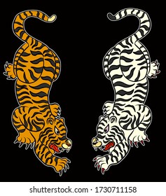 Tiger vector for tattoo and coloring book on white background.Korean tiger illustration for printing on shirt.Thai tiger vector.Traditional Chinese tiger for doodle art.Cartoon sticker style.