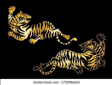 Tiger vector for tattoo and coloring book on red background. Korean tiger illustration for printing on shirt.Thai tiger vector. Traditional Chinese tiger for doodle art.Cartoon sticker style.