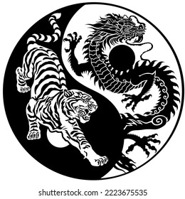 Tiger versus Chinese dragon energy in the yin-yang symbol of harmony and balance. Silhouettes of the two celestial feng shui animals. Black and white tattoo. Graphic style vector illustration 