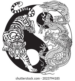 Tiger versus Chinese dragon in the yin yang symbol of harmony and balance. Black and white Tattoo. Graphic style vector illustration 