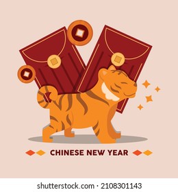 Tiger is very happy because it get two red envelope, and gold coin money. CNY  2022 vector illustration.