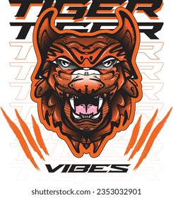 Tiger Vibes print design. Wild nails vector. Animal rock and roll artwork for fashion and others.