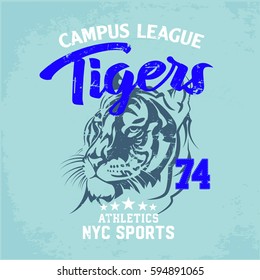 Tiger Vintage Denim print for t-shirt or apparel. Old school vector graphic for fashion and printing. Retro artwork and typography.Brooklyn, New York.