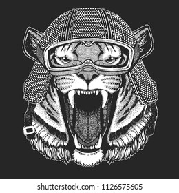 Tiger. Vintage motorcycle hemlet. Retro style illustration with animal biker for children, kids clothing, t-shirts. Fashion print with cool character. Speed and freedom.