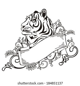 Tiger with vintage ribbon frame tattoo 