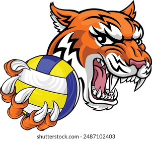 A tiger volleyball animal sports mascot holding a volley ball in his claw