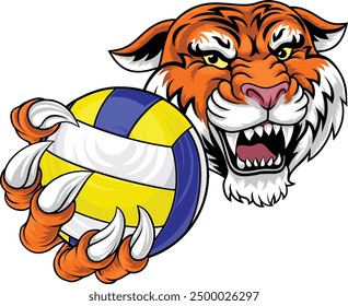 A tiger volleyball animal sports mascot holding a volley ball in his claw