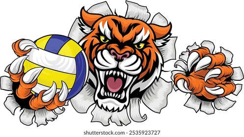 A tiger volleyball animal sports mascot holding a volley ball in his claw