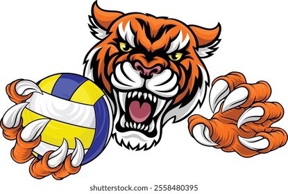 A tiger volleyball animal sports mascot holding a volley ball in his claw