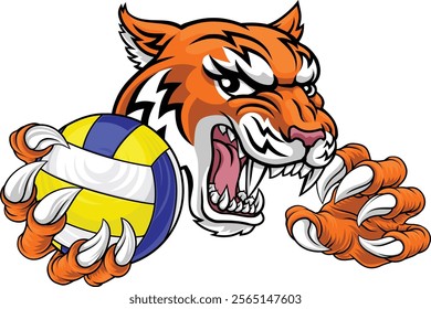 A tiger volleyball animal sports mascot holding a volley ball in his claw