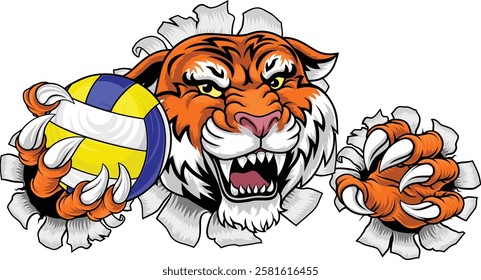 A tiger volleyball animal sports mascot holding a volley ball in his claw