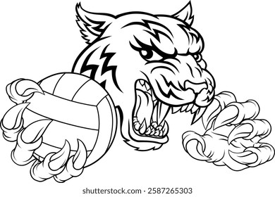 A tiger volleyball animal sports mascot holding a volley ball in his claw