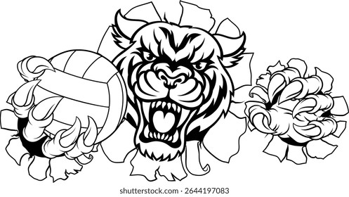 A tiger volleyball animal sports mascot holding a volley ball in his claw