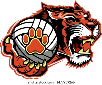 tiger volleyball team mascot holding ball for school, college or league