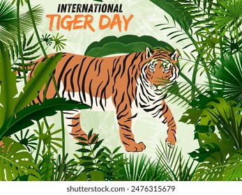 Tiger walk around the plants with a white and green plant transparancy as a back ground.with greetings International Tiger Day, take care of the habitat, protect them from poacher and do conservation.