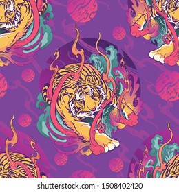 Tiger walk in fire and smoke wind design tattoo seamless pattern vector with vivid purple pink background 