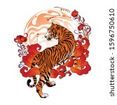 tiger walk with flower and cloud to the sun design with Japanese or Chinese oriental style in orange red tone painting vector 
