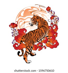 tiger walk with flower and cloud to the sun design with Japanese or Chinese oriental style in orange red tone painting vector 