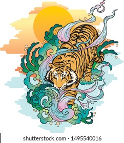 caminhada de tigre no mar com propagação de água e fundo do pôr do sol Arte design vetorial com ilustração Conceito de pintura de tatuagem japonesa para impressão ou fazer padrão 