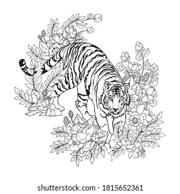 Tiger walking in Flower bush illustration doodle with oriental Chinese  ink drawing tattoo vector with white background 