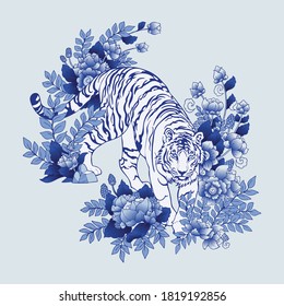 Tiger walking in Flower bush illustration doodle Porcelain ) with Color gradation Chinese brush Porcelain blue tone and Light gray background  vector for digital printing 