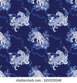 Tiger walking in Flower bush illustration doodle Porcelain with Color gradation Chinese brush Porcelain blue tone and indigo blue   background  seamless pattern vector for digital painting