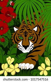 Tiger walking in forest with tropic flower