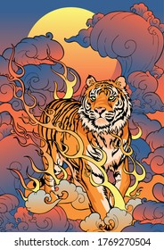 Tiger walking on fire thunder and storm cloud Oriental Japanese or Chinese   illustration style poster  background vector