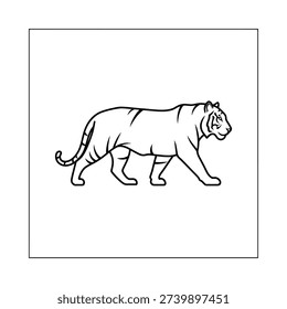 Tiger walking side view black and white line art illustration