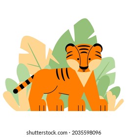 A tiger is walking through the forest. Vector on an isolated background. Flat style. The concept of the character. The symbol of the year. Cartoon tiger cub in nature. Drawing for the poster.