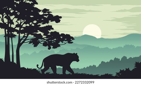 a tiger walking in the wilderness at sunset