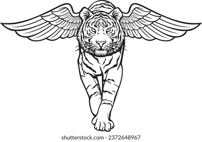 Tiger Walking with Wings Black and White. Vector Illustration.