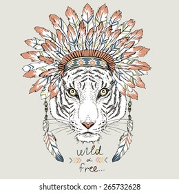 tiger in war bonnet, hand drawn animal illustration, native american poster, t-shirt design