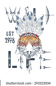 tiger in war bonnet, hand drawn animal illustration for apparel