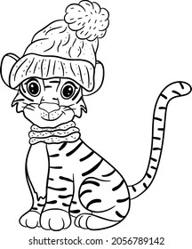 Tiger in  warm blue hat. Symbol of the new year according to the Chinese or Eastern calendar. Outline for coloring. Vector editable illustration, cartoon style