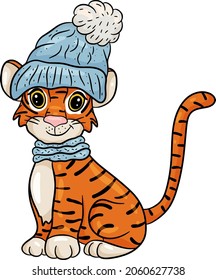 Tiger in  warm blue hat. Symbol of the new year according to the Chinese or Eastern calendar. Vector editable illustration, cartoon style