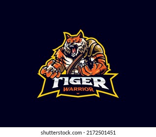 Tiger warrior mascot logo design. Tiger warrior vector illustration. Logo illustration for mascot or symbol and identity, emblem sports or e-sports gaming team