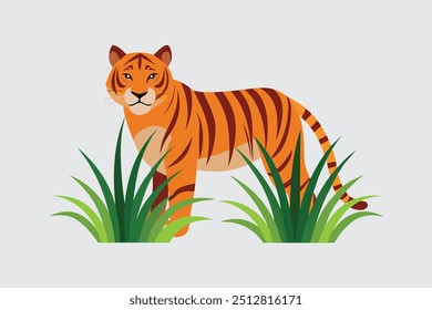 The "Tiger watching for prey from long grasses vector art illustration" is a dynamic and detailed digital graphic depicting a tiger hidden in tall grass, ready to strike, perfect for wildlife .