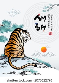 Tiger watching sunrise in Korean new year, traditional calligraphy, brush painting, concept design. Happy New Year, Korean translation.