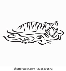 Tigre dibujando agua. Tigre de silueta nadando en el río. Dibujo lineal. Vector de tatuaje de tinta con fondo aislado blanco.