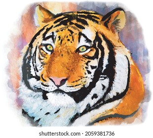 Tiger watercolor illustration, hand painted, colorful artwork 