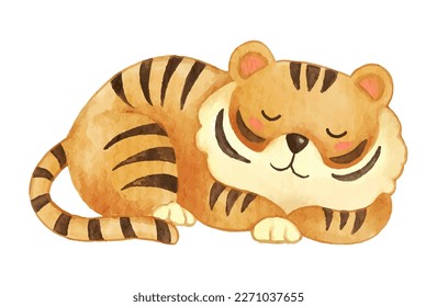 Tiger . Watercolor paint design . Cute animal cartoon character . Sleep position . Vector .