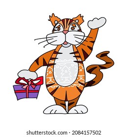 tiger waving hand holding a gift with a bow. doodle sketch vector image