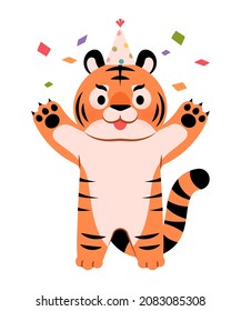 A tiger wearing a cone hat and having a party. Cute tiger vector character illustration.