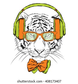 Tiger wearing headphones and sunglasses. Vector illustration.