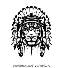 tiger wearing indian chief head accessories collection set hand drawn illustration