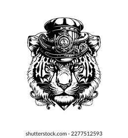 tiger wearing indian chief head accessories collection set hand drawn illustration